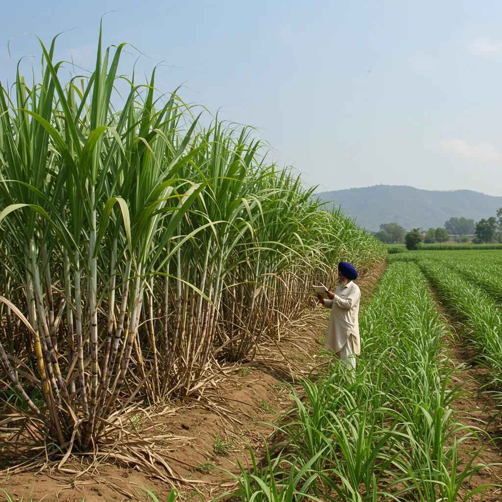 Farmer inspecting a healthy sugarcane field in Punjab, illustrating the evolution of sugarcane cultivation