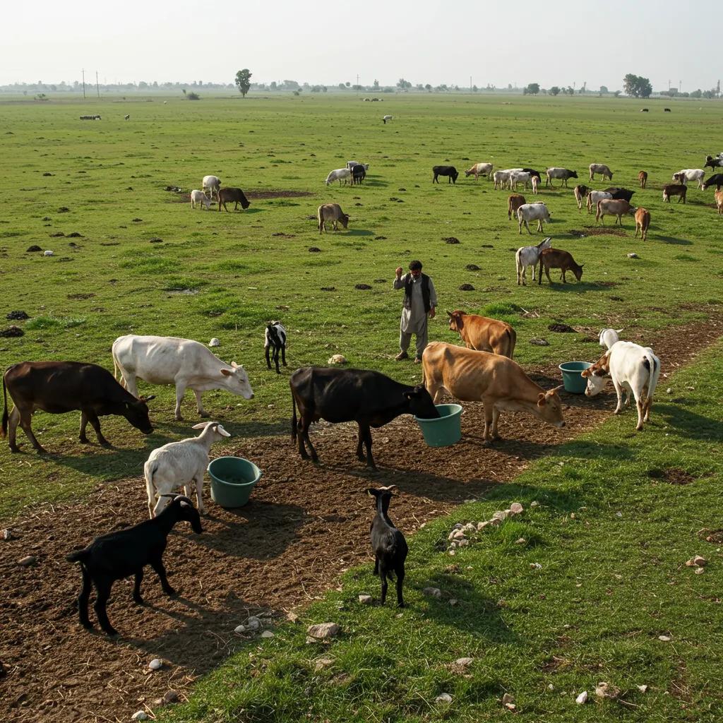 Farmer managing livestock on a farm in Pakistan, showcasing effective livestock management techniques