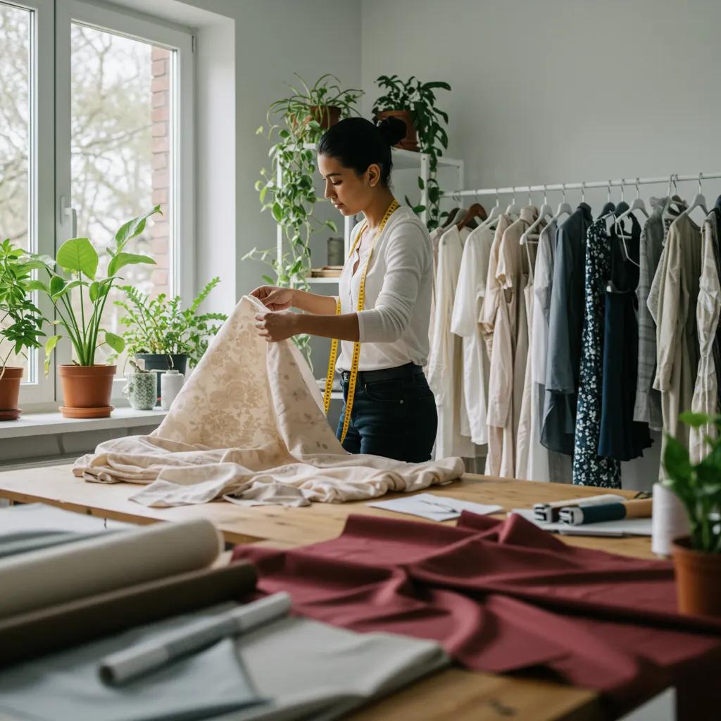 Fashion designer selecting sustainable materials in an eco-friendly studio, highlighting innovation in sustainable fashion