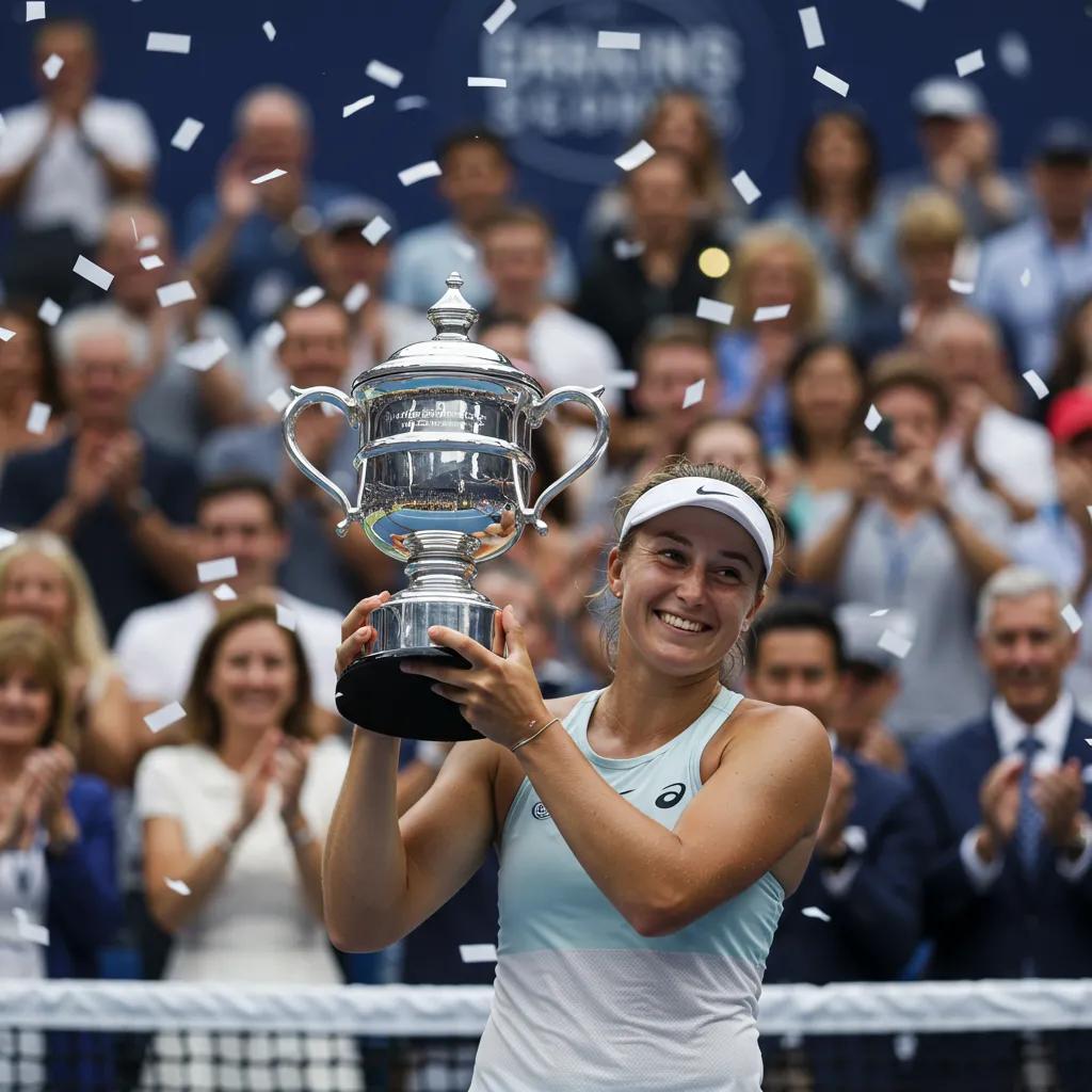 Female tennis player celebrating with a trophy after winning a Grand Slam tournament, surrounded by a cheering crowd