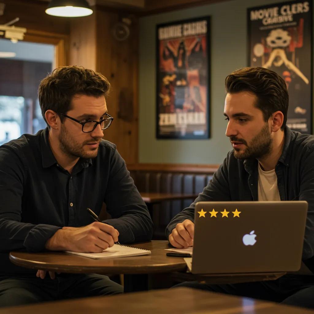 Film critic and audience member discussing movie ratings in a cozy café setting