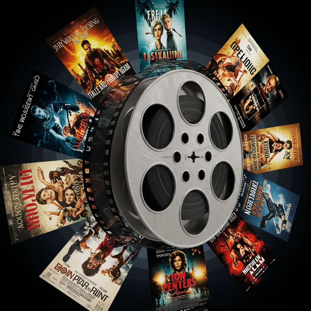 Film reel surrounded by popular movie posters representing top-grossing films