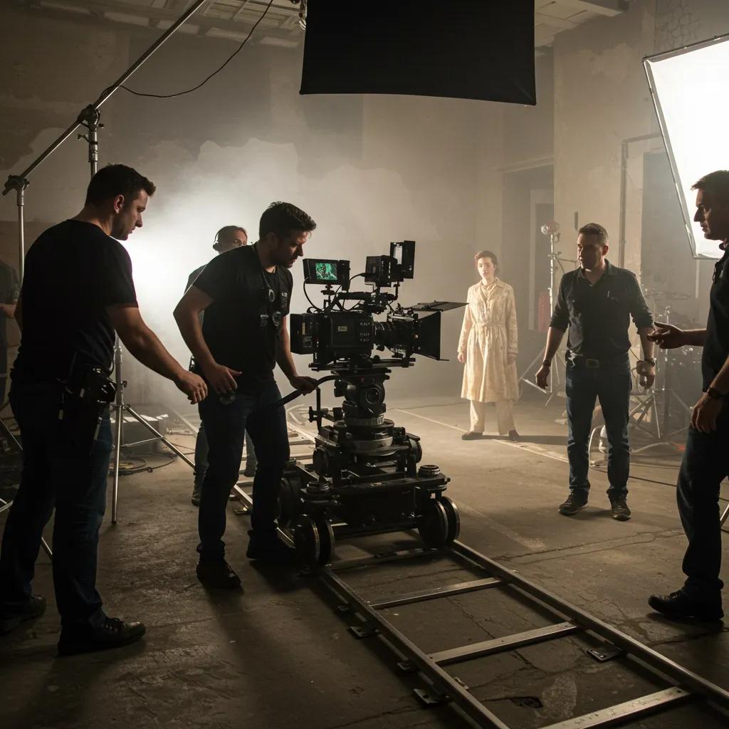 Filmmaking techniques in action with crew and camera setup