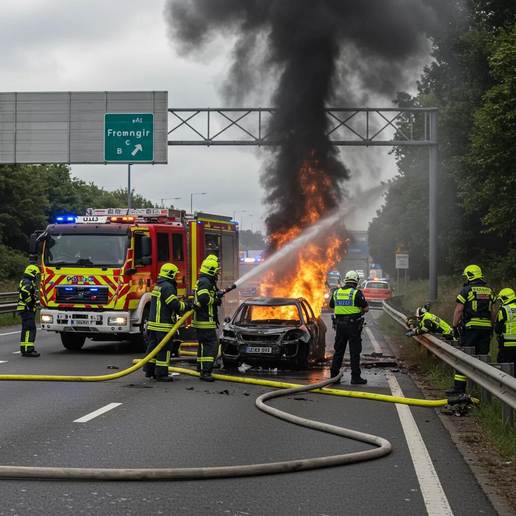 Firefighters extinguishing a vehicle fire while police manage traffic on a highway