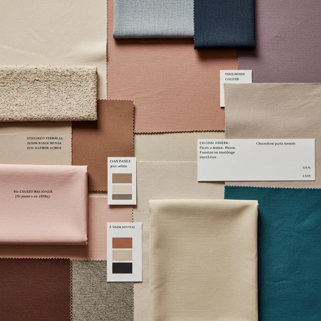 Flat lay of fabrics and color swatches representing 2025 plus size fashion trends