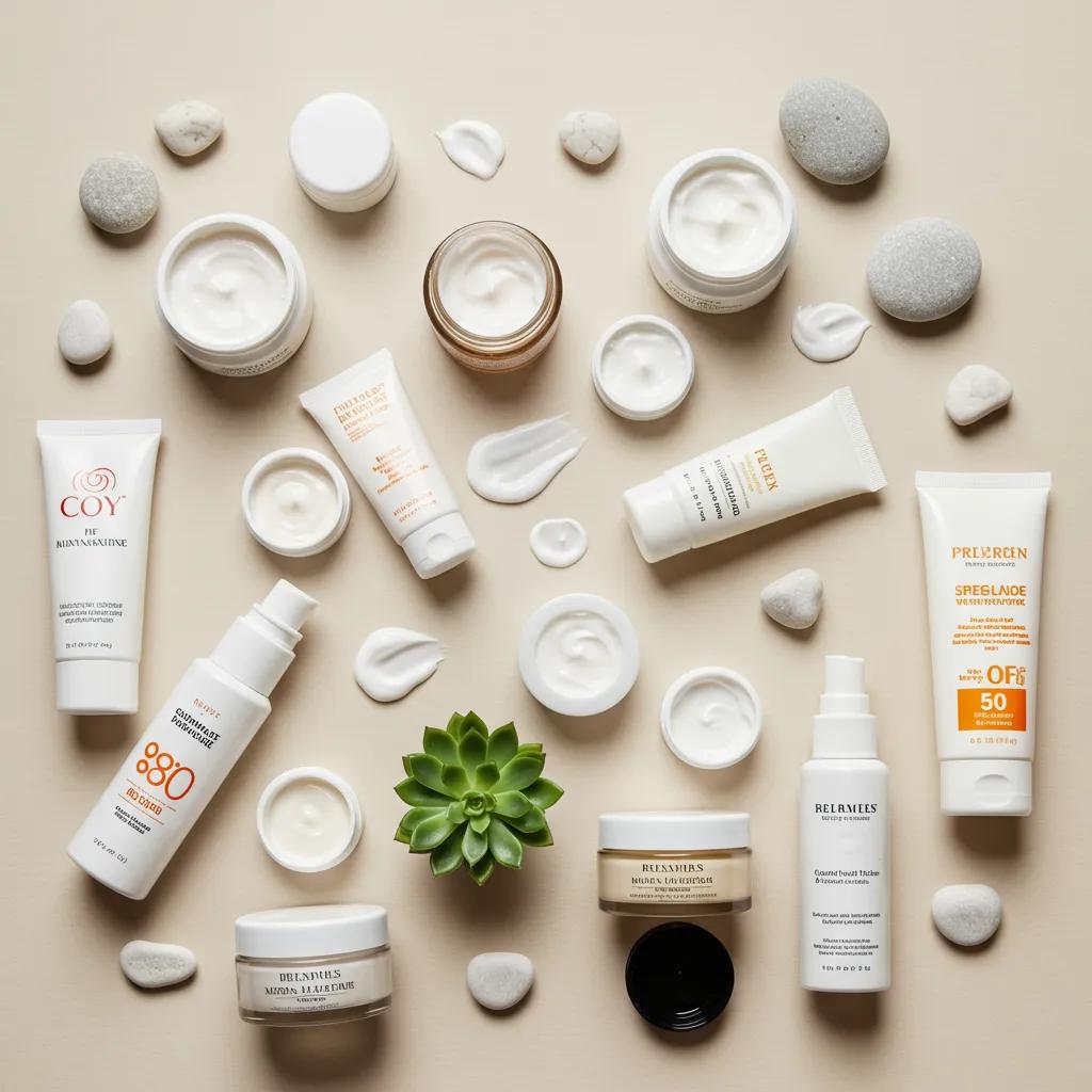 Flat lay of recommended moisturizers and sunscreens, showcasing diverse skincare options