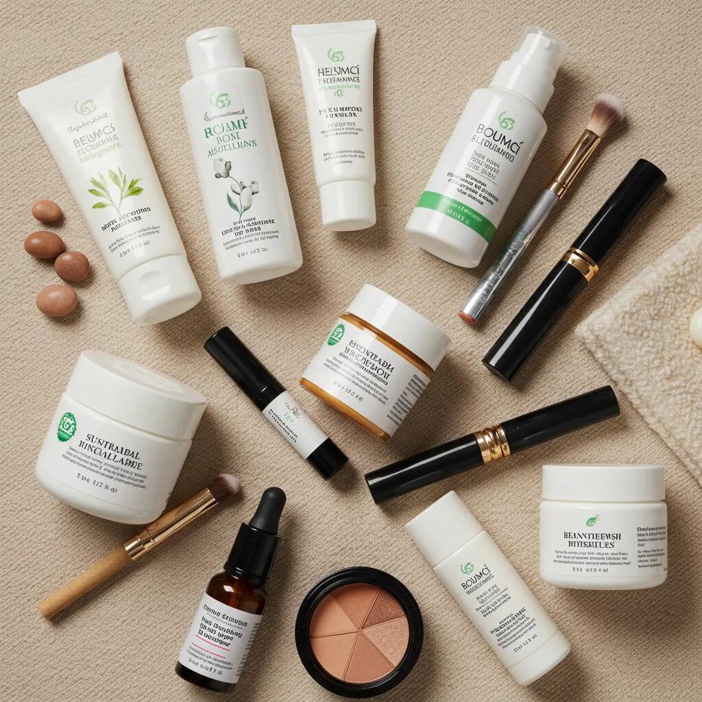 Flat lay of sustainable and halal beauty products showcasing eco-friendly packaging and natural ingredients
