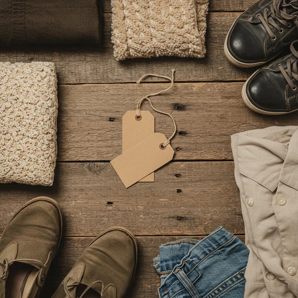 Flat lay of vintage clothing items promoting sustainable fashion choices, showcasing textures and colors