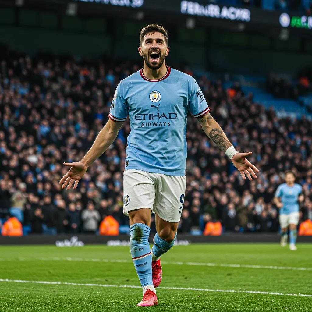 Football player celebrating a goal in a Manchester City jersey during a Premier League match