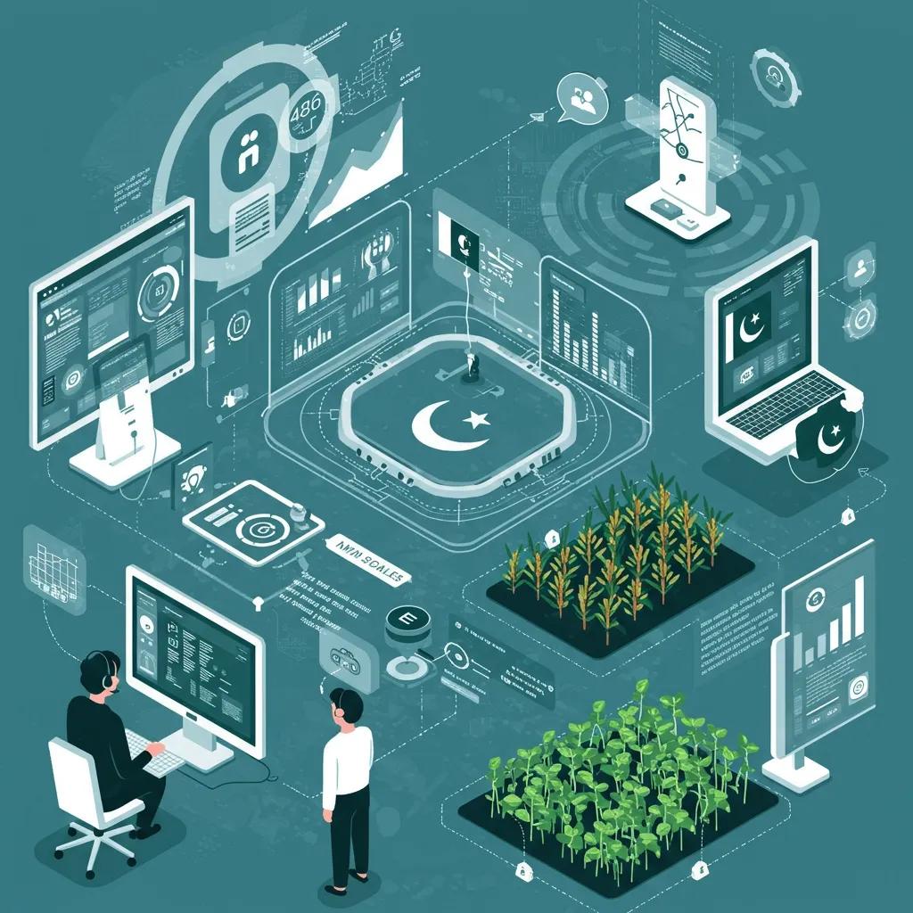 Futuristic depiction of AI technology impacting various sectors in Pakistan, showcasing automation and data analytics