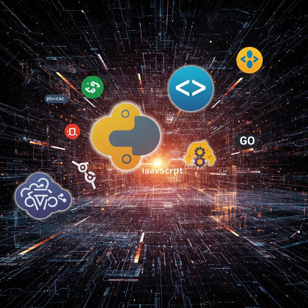 Futuristic digital landscape with symbols of popular programming languages