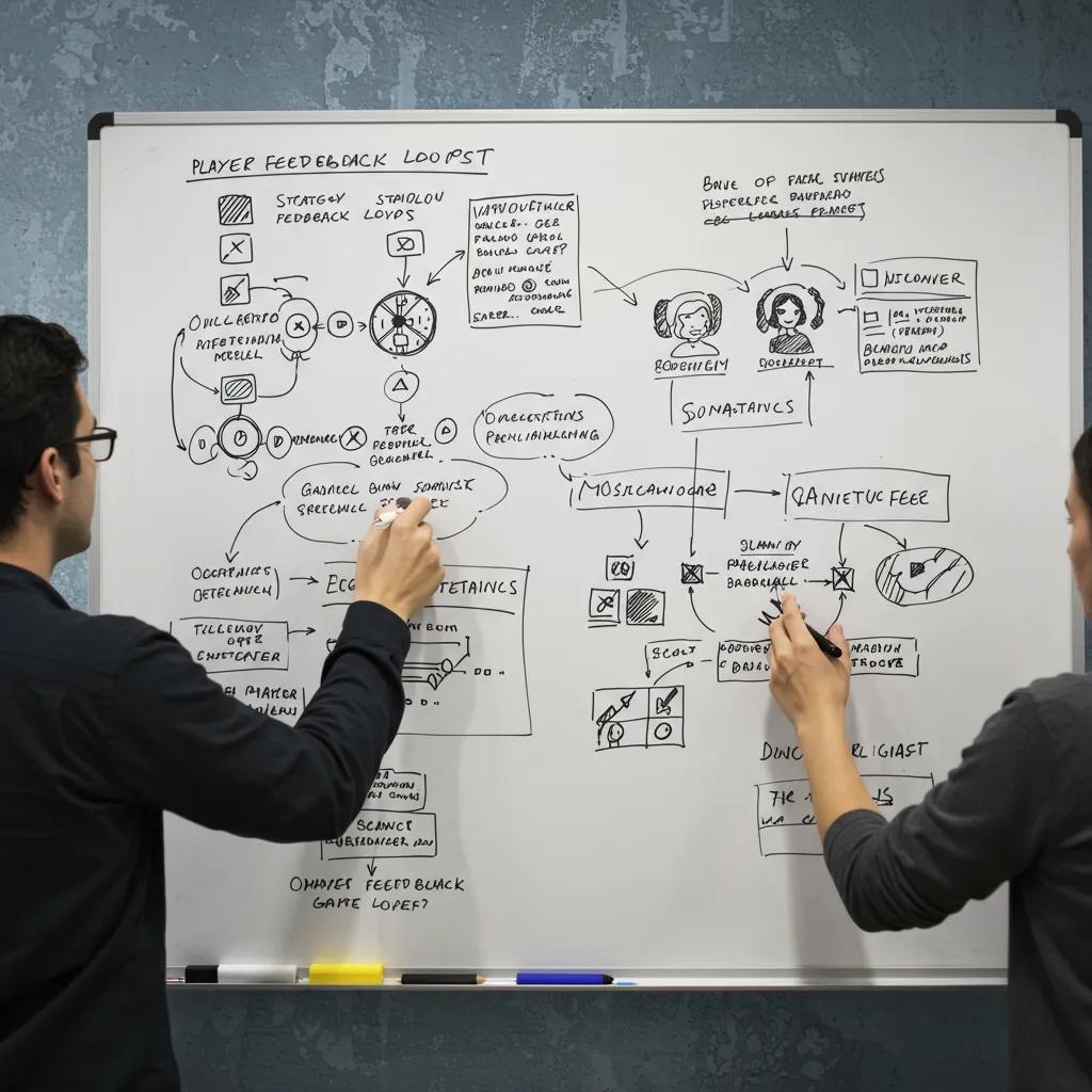 Game designers brainstorming player experience mechanics in a creative workspace