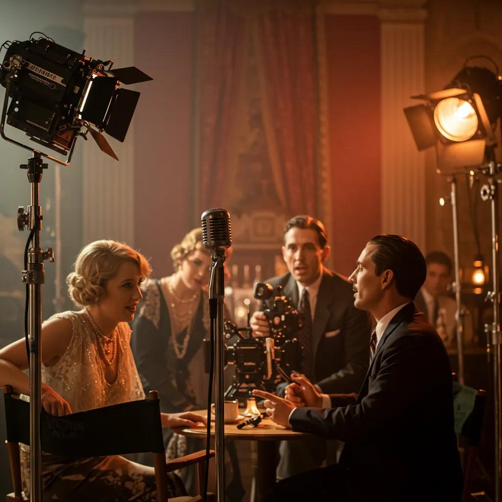 Glamorous film set from the Golden Age of Hollywood, highlighting sound and color innovations