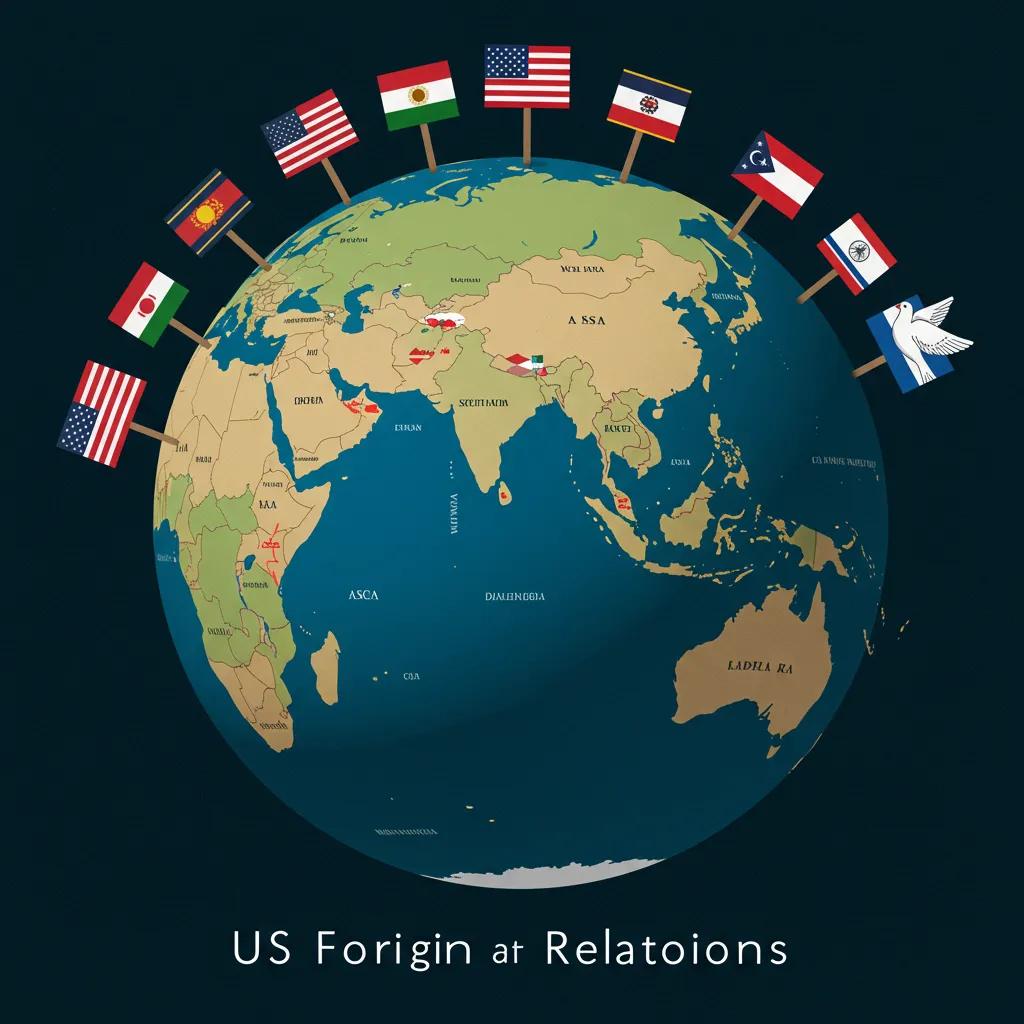 A globe prominently highlighting US foreign policy interests, adorned with symbols of diplomacy, powerfully representing global interconnectedness and strategic engagement.