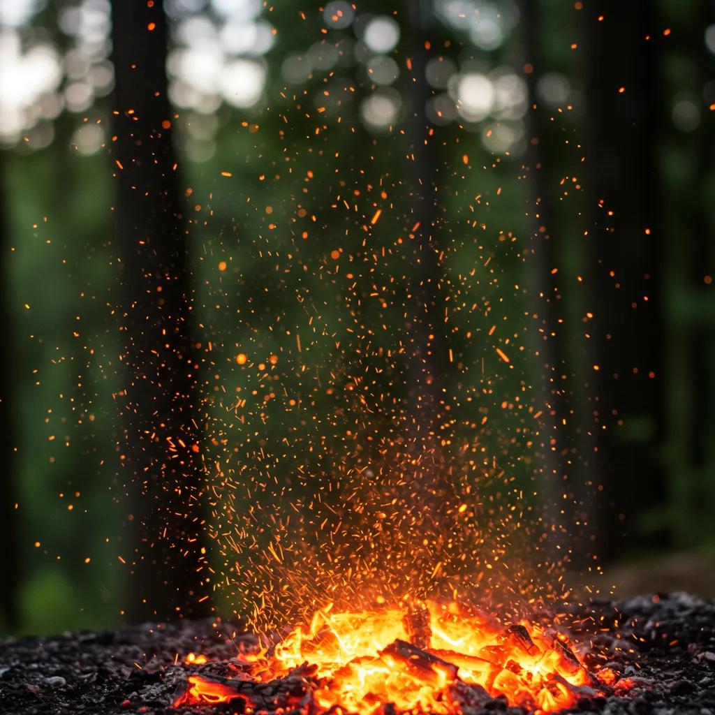 Glowing embers floating through the air, illustrating the concept of ember transport and its role in wildfire reignition
