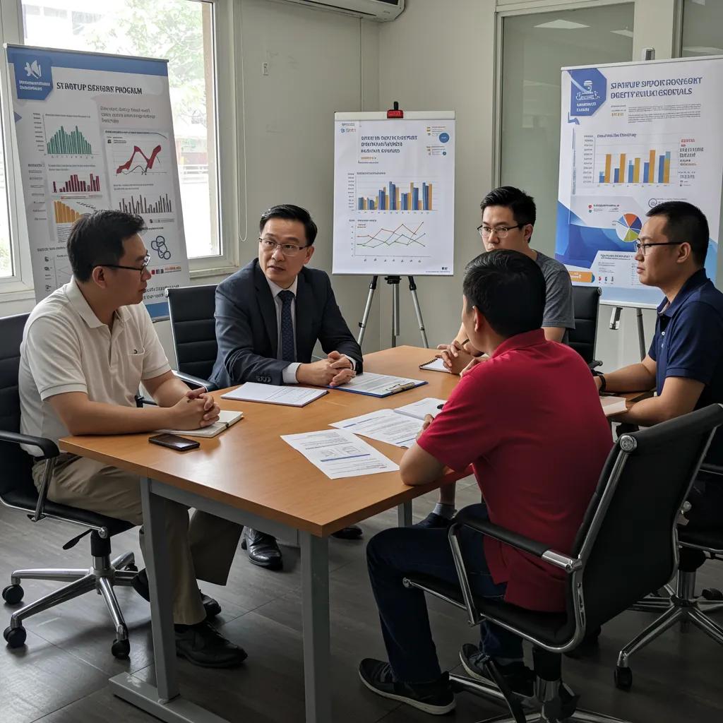 Government official discussing startup support programs with entrepreneurs in a formal meeting room