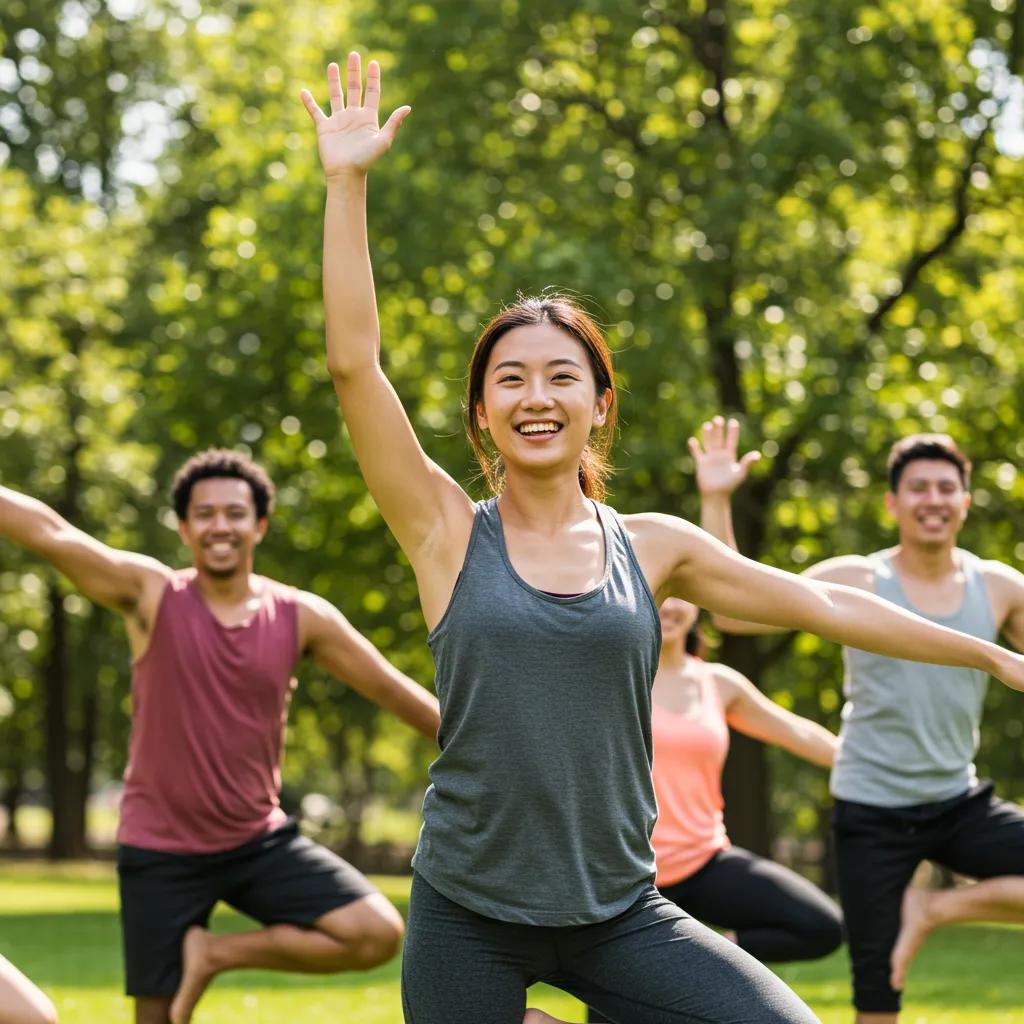 Group of friends practicing yoga outdoors, highlighting stress relief through physical activity