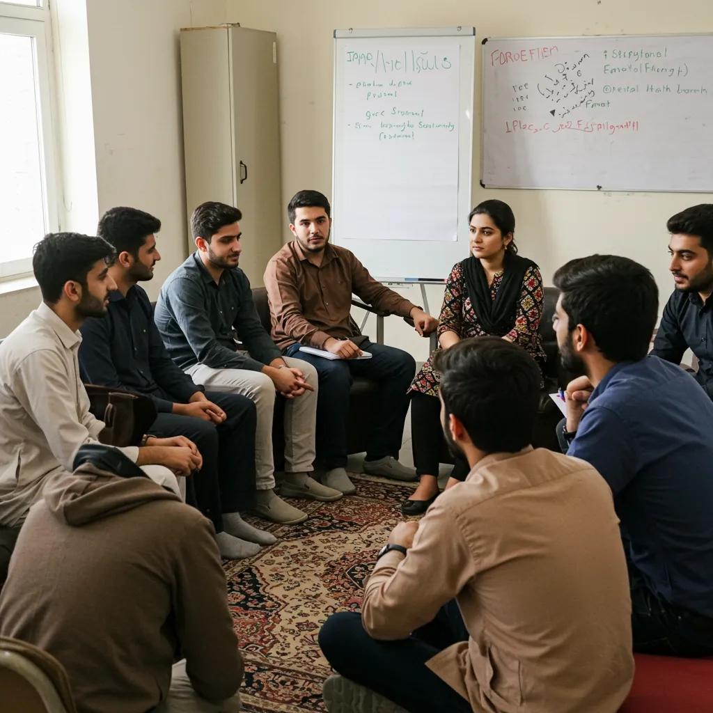 Group of Pakistani youth in a supportive discussion circle, emphasizing emotional resilience and peer support in mental health