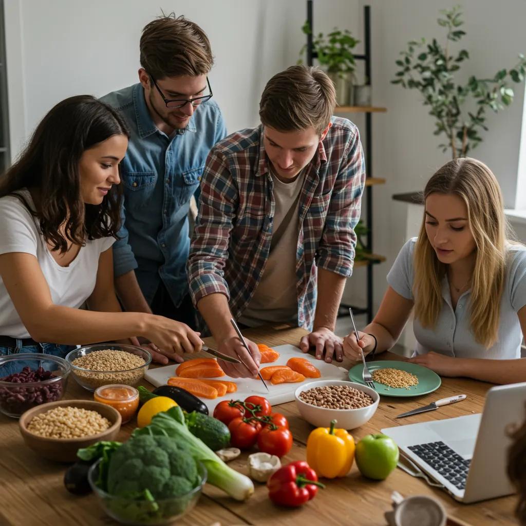 Group of young adults collaborating on meal planning with fresh ingredients, emphasizing healthy eating habits