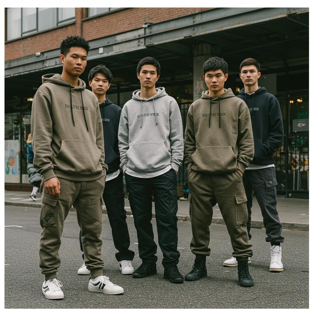 Group of young adults in sustainable streetwear highlighting eco-friendly fashion