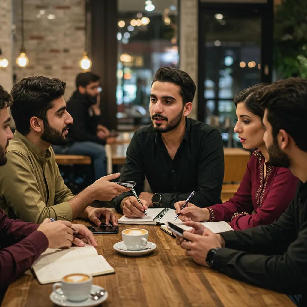 Group of young Pakistanis discussing budgeting strategies in a casual coffee shop setting