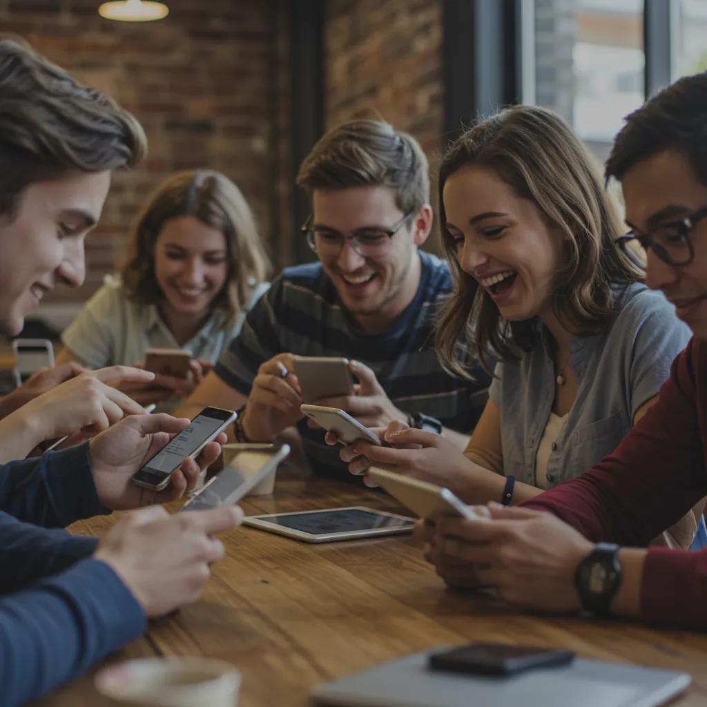 Group of young people engaging with social media in a coffee shop setting