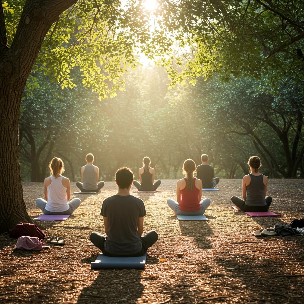 Group practicing mindfulness outdoors, showcasing techniques for stress relief and focus