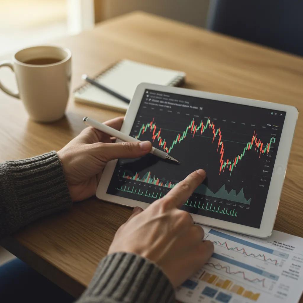 Hands analyzing currency exchange rates on a tablet with coffee and notepad in a cozy setting