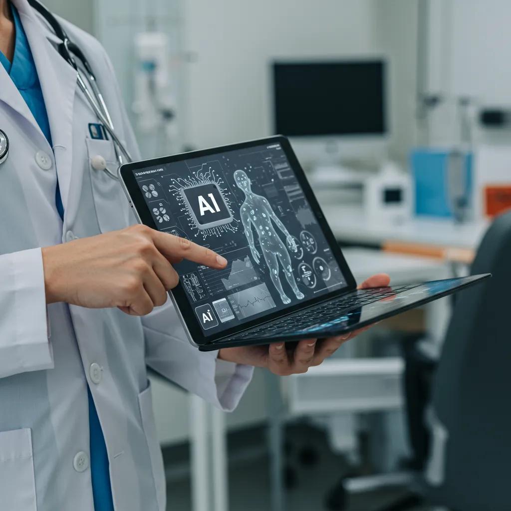 Healthcare professional utilizing AI technology for patient care in a modern clinic