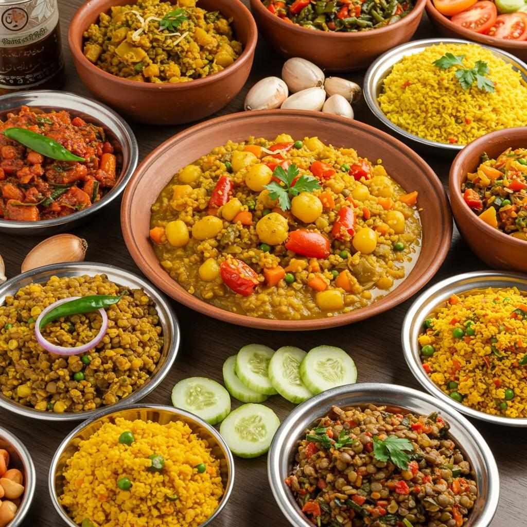 Healthy traditional Pakistani foods promoting men's health, featuring lentils, vegetables, and whole grains