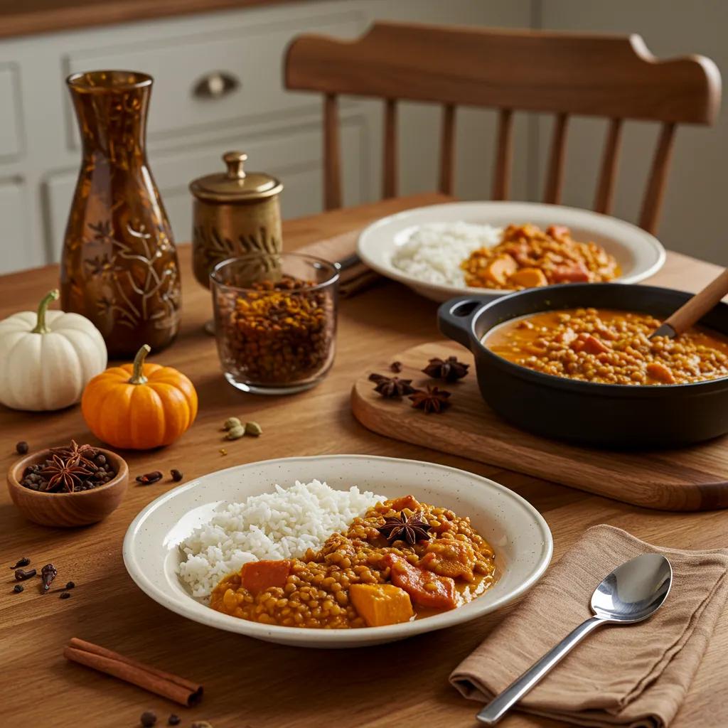 Hearty fall meal featuring pumpkin spice curry and lentil stew in a cozy kitchen