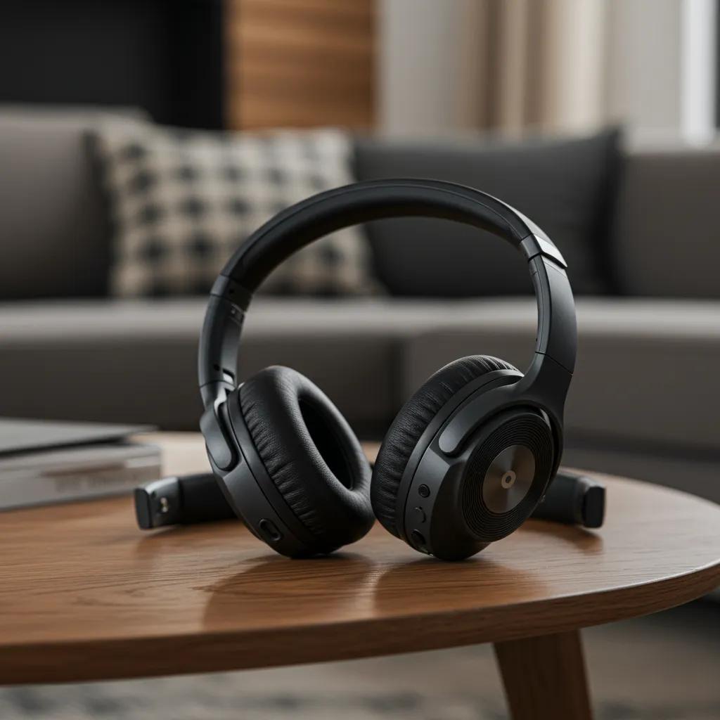 High-end over-ear wireless headphones on a stylish table in a cozy living room