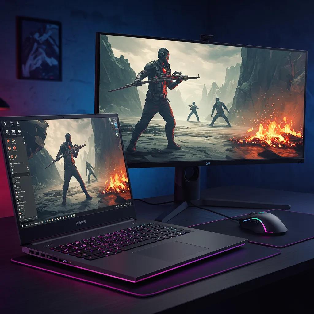 High-performance gaming laptop with RGB lighting and gaming accessories in an immersive setup