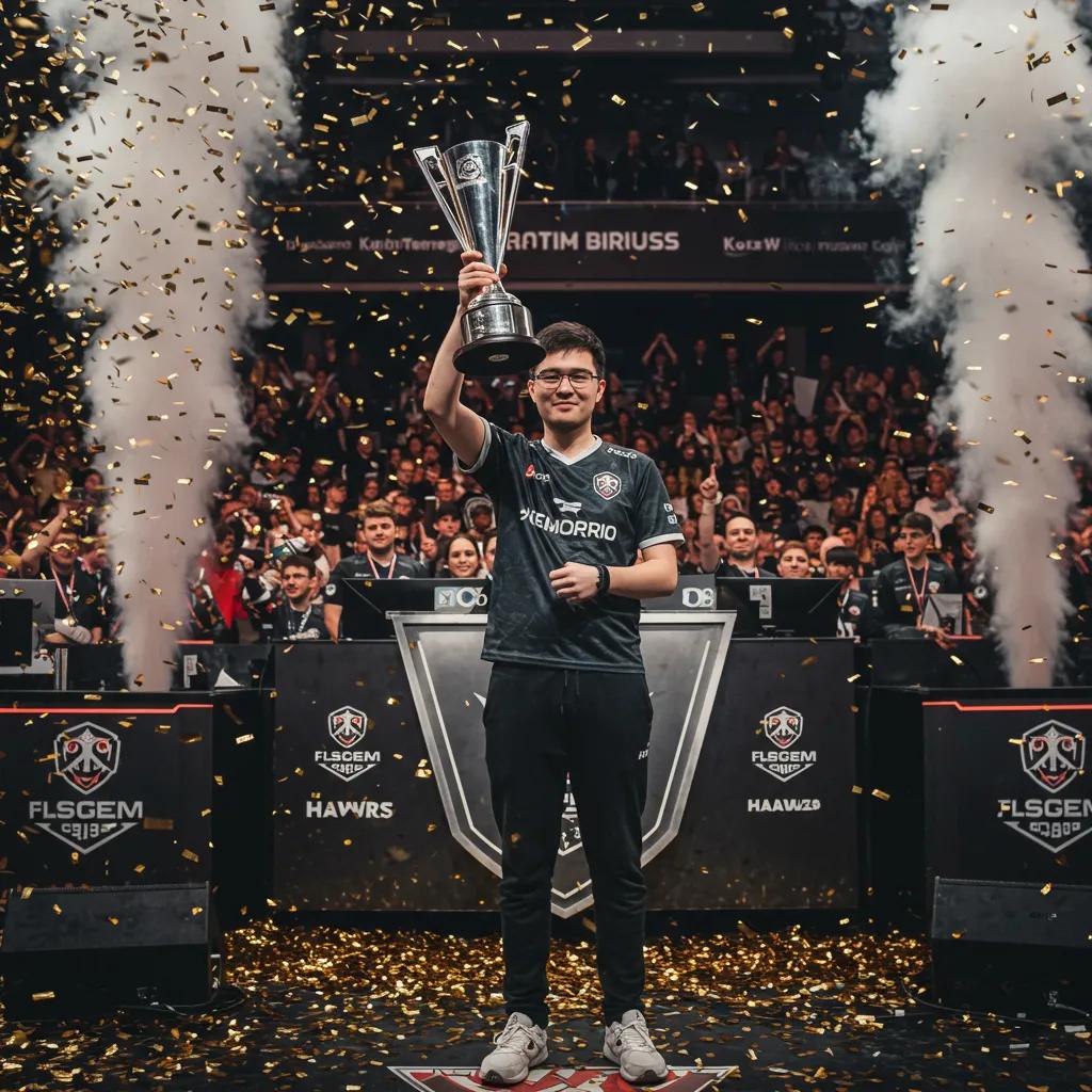 High-profile esports player celebrating a victory on stage with a trophy, surrounded by a cheering crowd