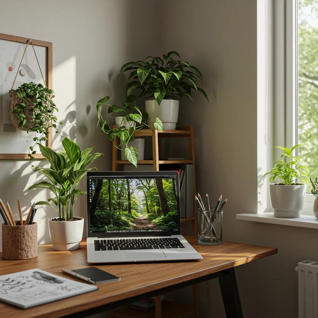 Home office corner with biophilic design elements and indoor plants