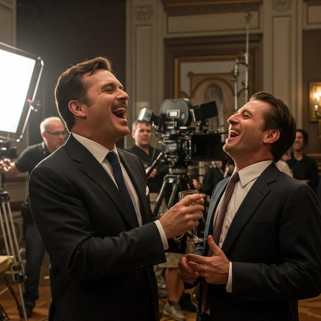 Humorous movie blooper moment on set with actors and crew