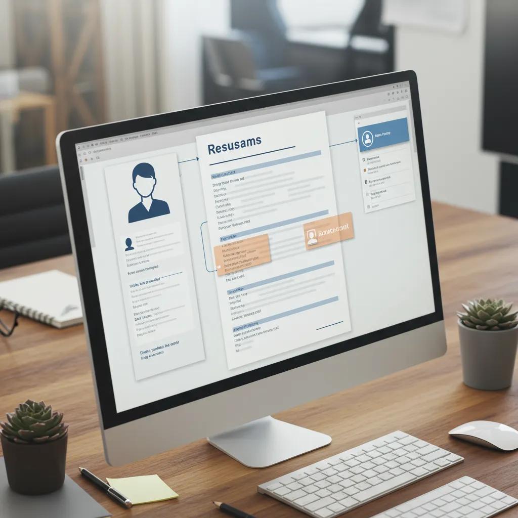 Illustration of a resume being scanned by an Applicant Tracking System with highlighted keywords