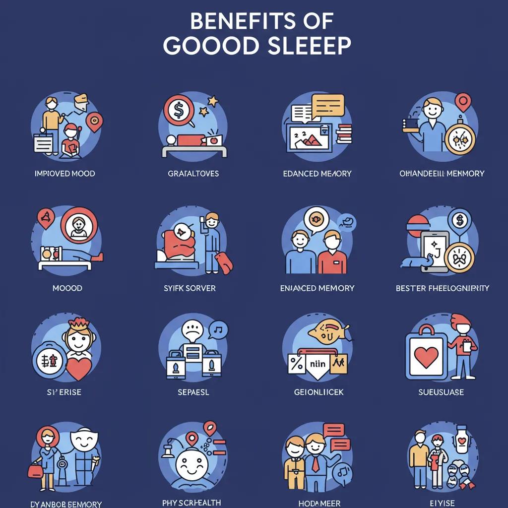 Illustration of key benefits of good sleep including mood enhancement and memory improvement