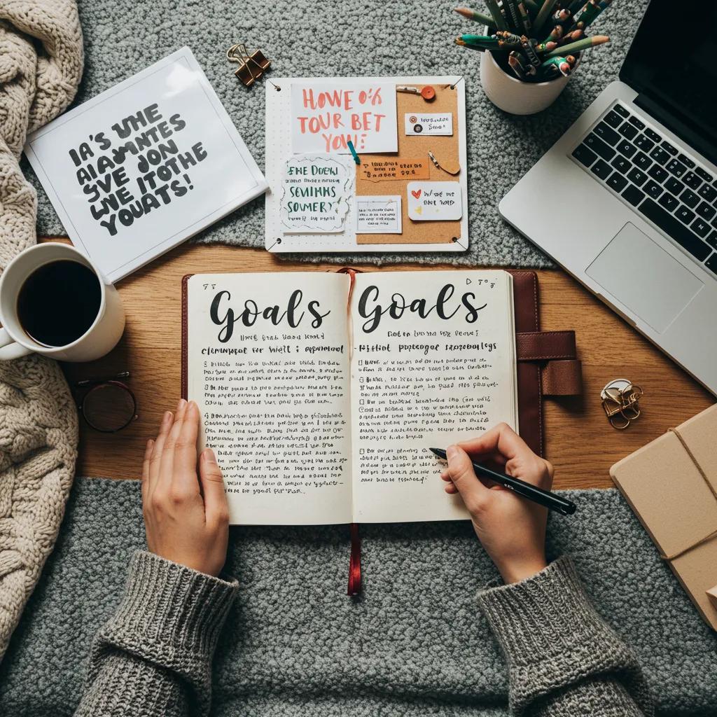 Individual writing goals in a journal with a vision board in a cozy workspace, illustrating the goal-setting process