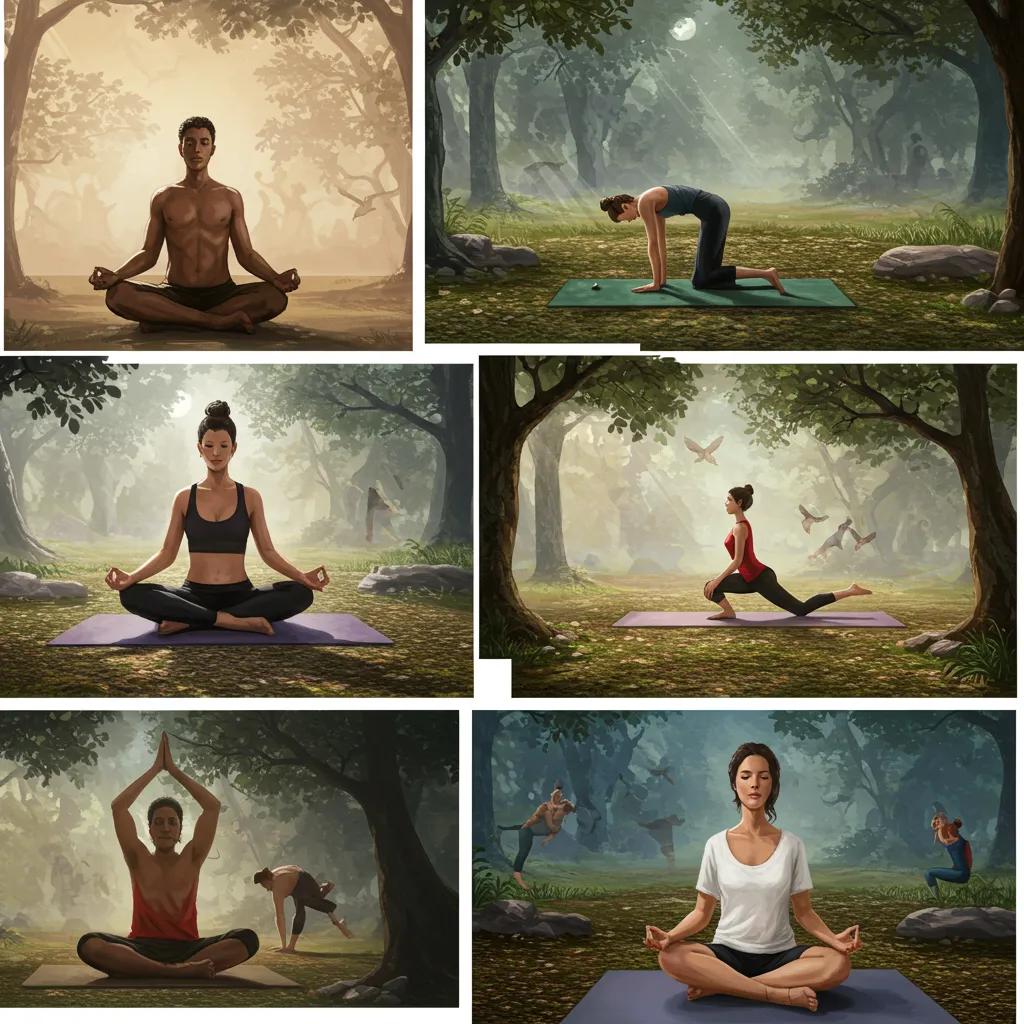 Individuals practicing stress management techniques outdoors, including meditation, yoga, and physical activity, promoting mental well-being