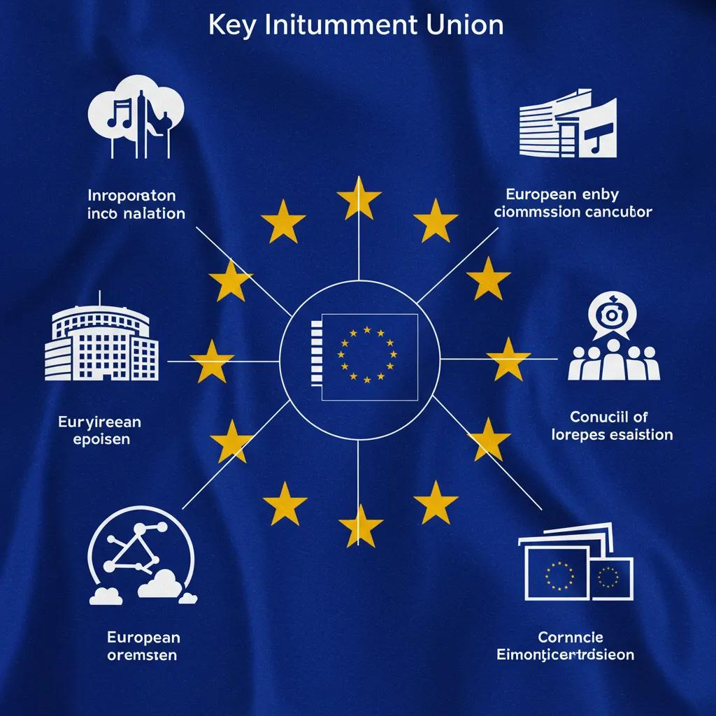 An infographic illustrating the core EU institutions: the European Parliament, Commission, and Council, set against a backdrop of the EU flag