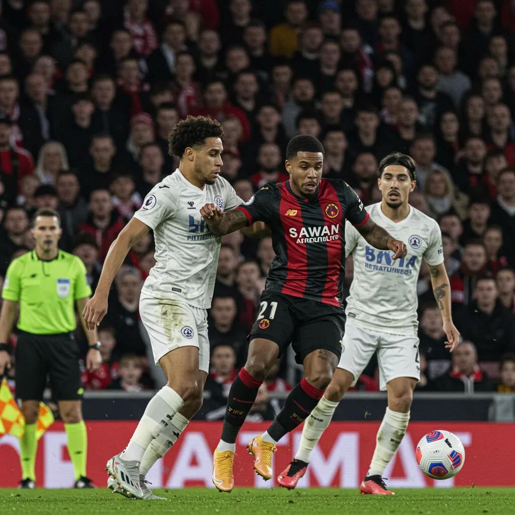 Intense football match with players competing and fans cheering in the background