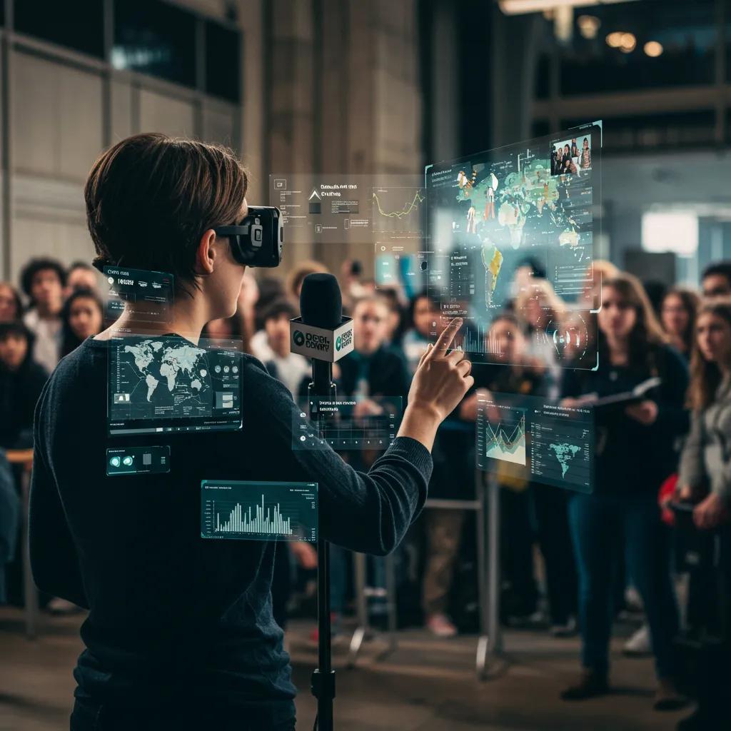 Journalist using augmented reality for immersive news reporting with digital overlays