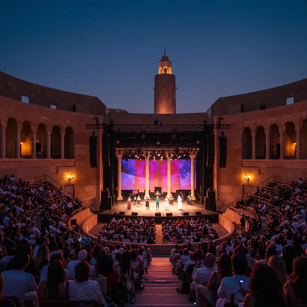 Katara Amphitheater showcasing a live performance with an engaged audience and vibrant stage lighting
