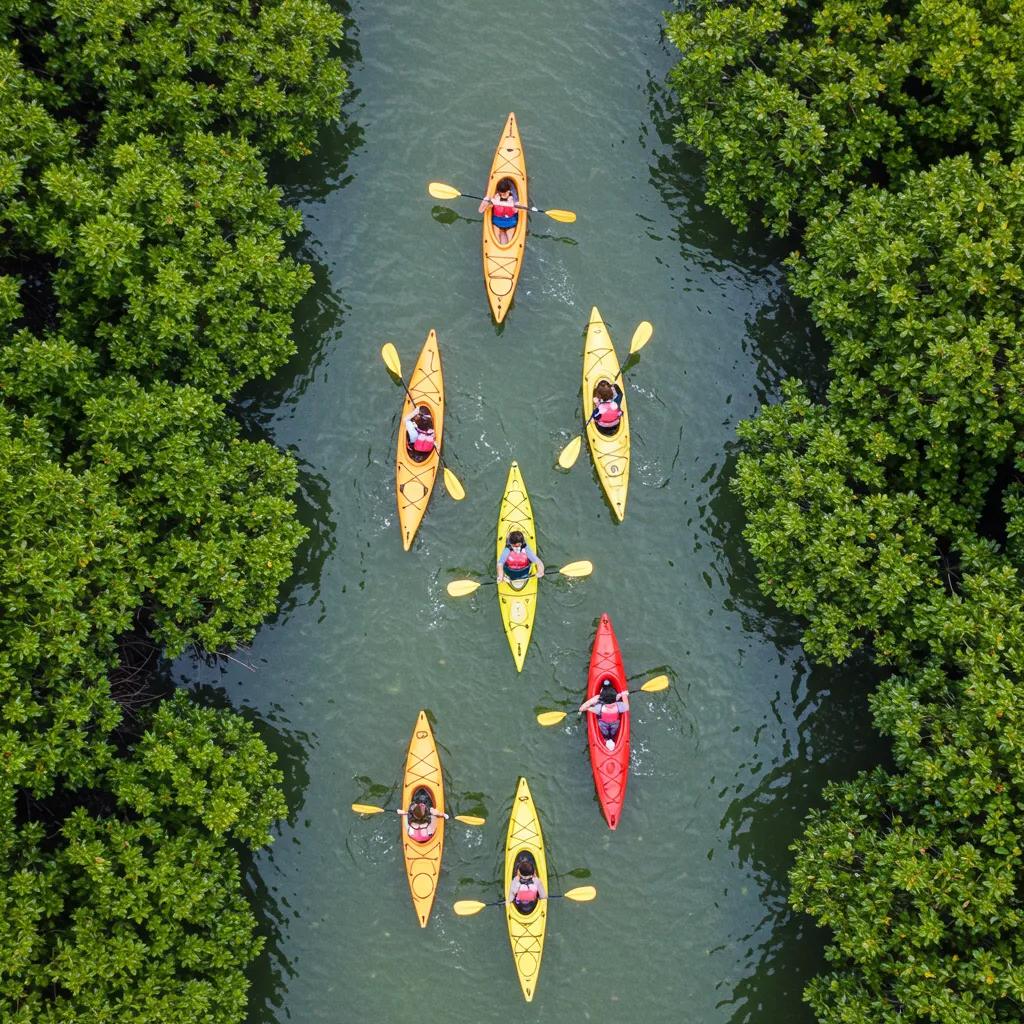 Kayakers navigating through the serene waters of Al Thakira Mangroves