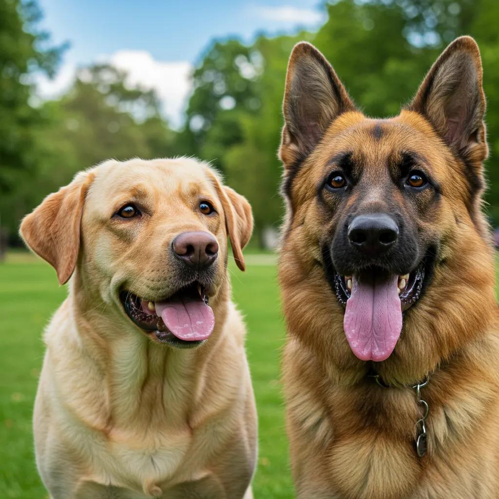 Labrador Retriever and German Shepherd playing in a sunny park