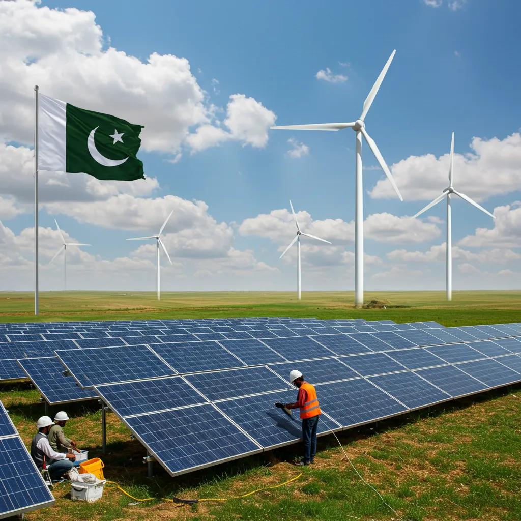 Landscape of renewable energy sources in Pakistan with solar panels and wind turbines