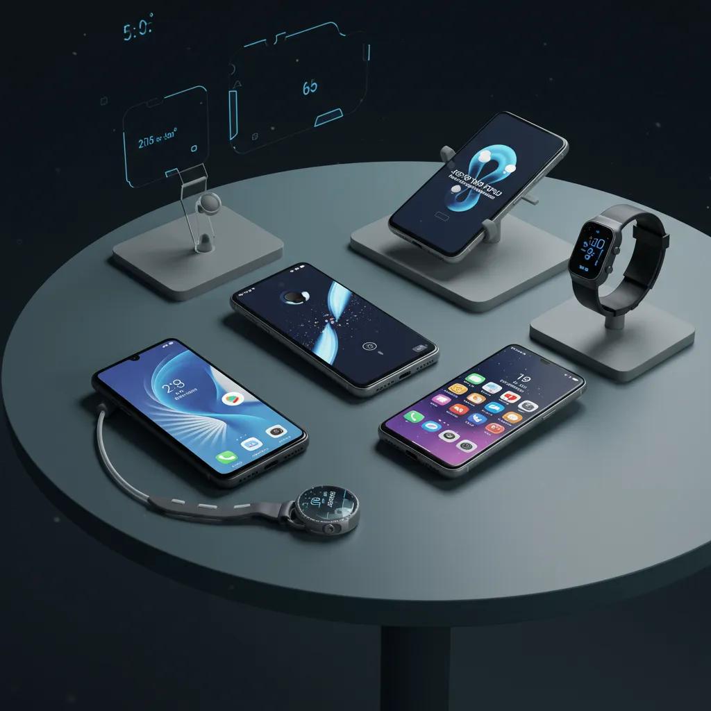 Latest AI-enabled smartphones and wearables displayed on a stylish table, representing cutting-edge technology