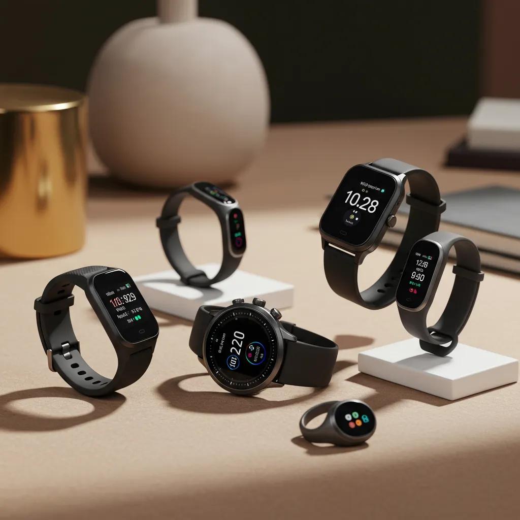 Latest wearable technology including smartwatches, fitness trackers, and smart rings in a modern lifestyle setting