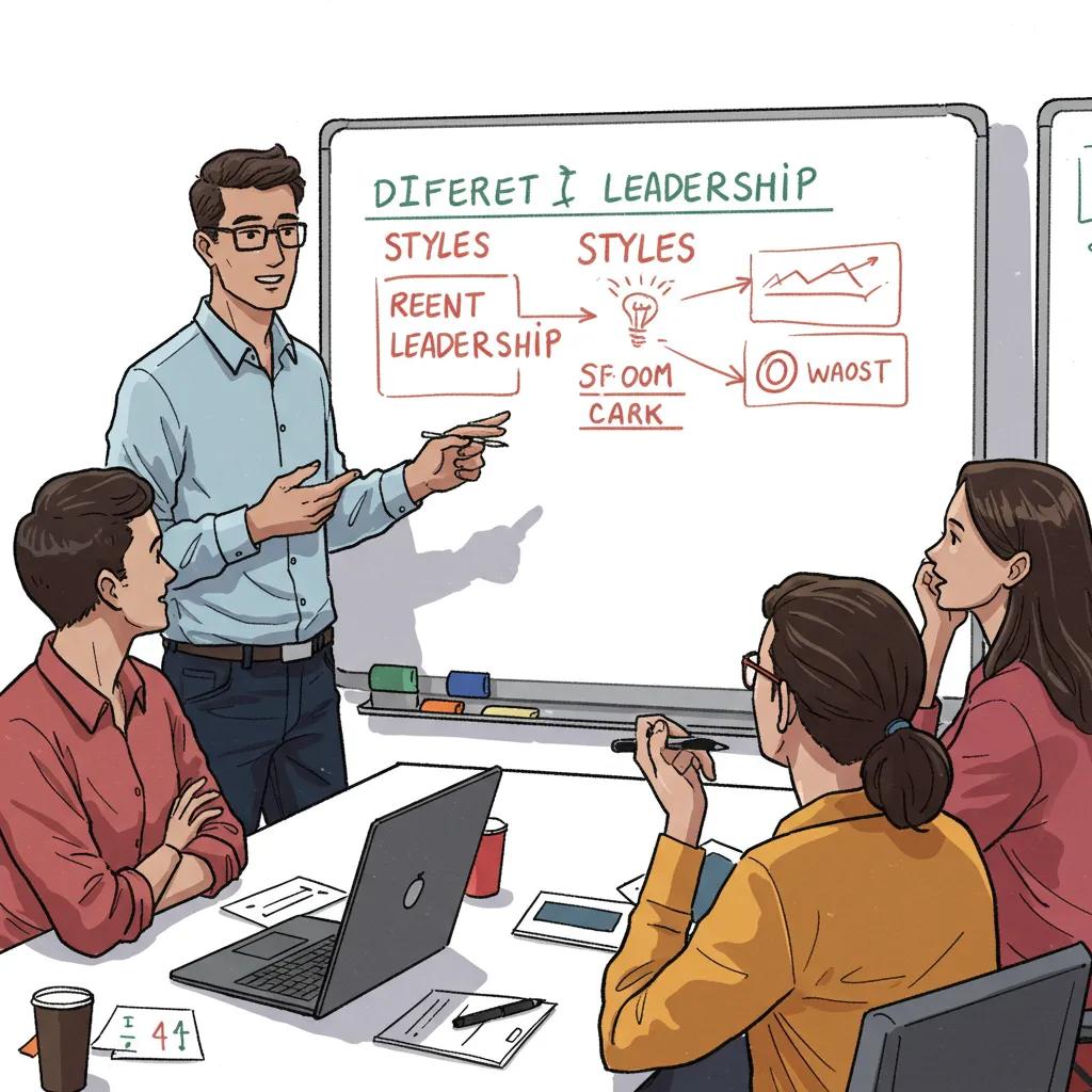 Leader engaging with team members in a meeting, illustrating effective leadership styles and collaboration
